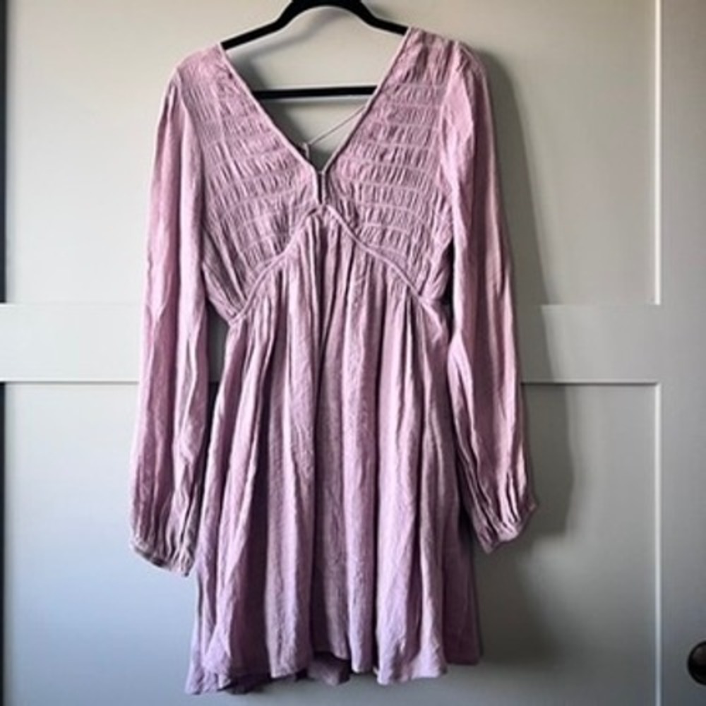 Mahina Hawaii Smocked Empire Waist Mini Dress Womens Pink V-Neck Boho Beach